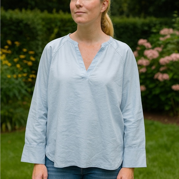 BLDWN Light Blue V-Neck Blouse Peasant CottageCore Capsule Lagenlook M - Picture 1 of 8